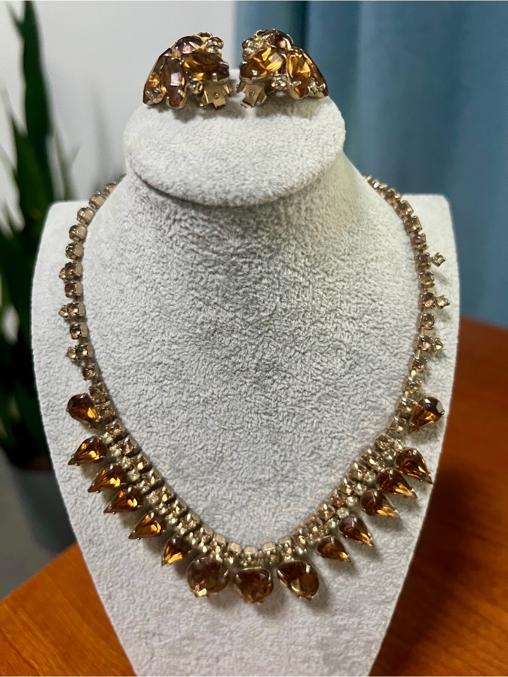 Vintage Amber and Gold Crystal Teardrop Necklace with Matching Clip Earrings
